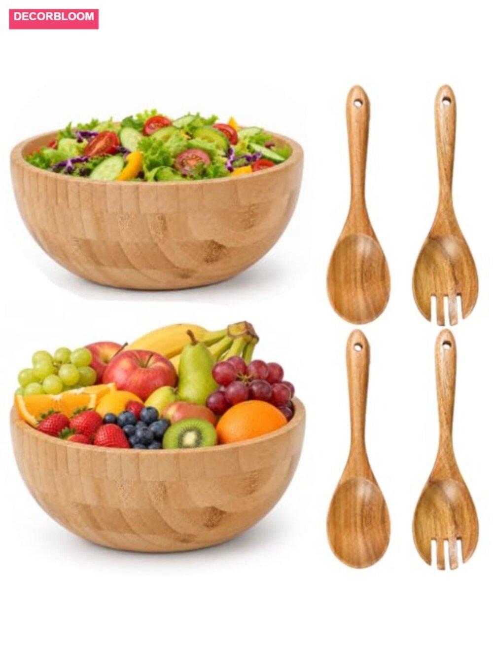 Large Wood Salad Bowl Set 2 Bowls 4 Servers Wooden Serving Utensils